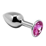Серебристая анальная втулка с розовым кристаллом Mini Metal Butt Plug Size S - 7 см.
